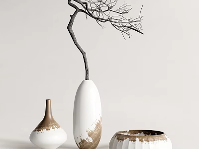 Tall Small and Bowl Shaped White Vases with Brown Details and Bare Branches 3d model