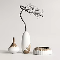 Tall Small and Bowl Shaped White Vases with Brown Details and Bare Branches