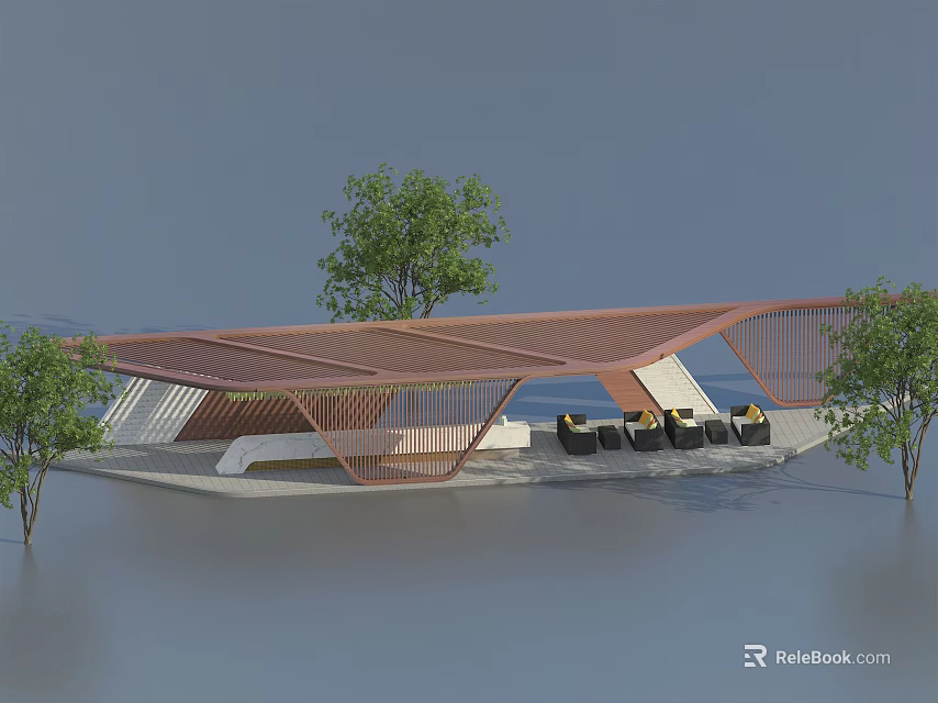 Modern Pergola With Wooden Roof Structure And Outdoor Seating Surrounded By Trees 3d model 