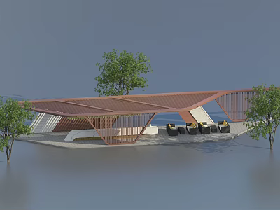 Modern Pergola With Wooden Roof Structure And Outdoor Seating Surrounded By Trees 3d model