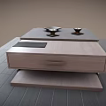 Modern Coffee Table with wooden stone top featuring bowl cups cloth and layered design