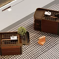 Modern Display Shelves with Glass Panels Green Plant and Orange Box on Striped Carpet