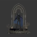 Hooded Cloaked Dark Fantasy Character Standing On Gothic Arch Pedestal With Ornate Candelabras