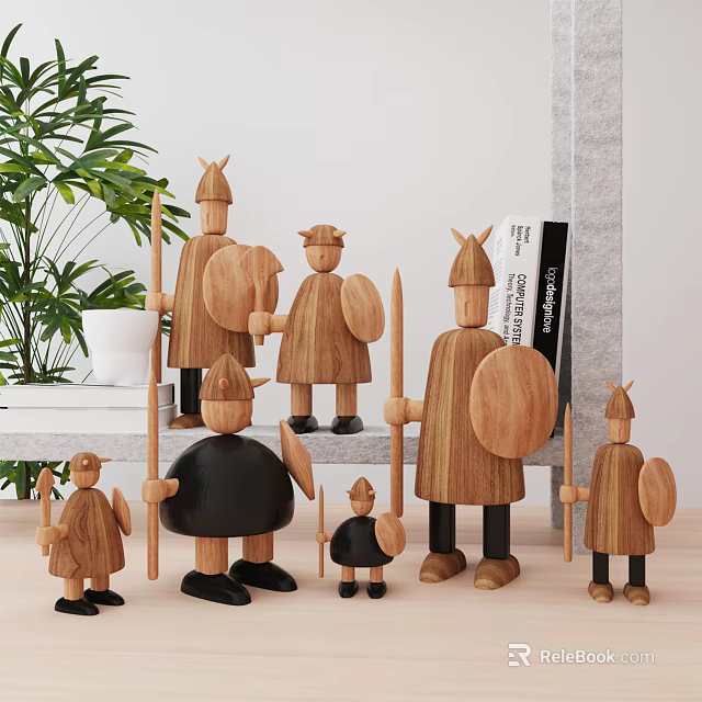 Wooden Soldier Dolls in Various Sizes with Shields Spears and Black Figure for Home Decor 3d model 