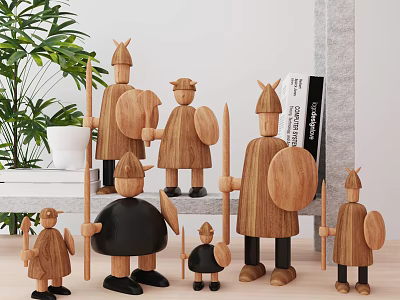 Wooden Soldier Dolls in Various Sizes with Shields Spears and Black Figure for Home Decor 3d model