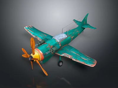 Vintage Green Propeller Airplane Model With Orange Propeller Yellow Nose Worn Details And Aerospace Theme 3d model