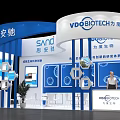 BioTECH Exhibition Booth With Blue White Design Display Screens Promotional Graphics And Staff