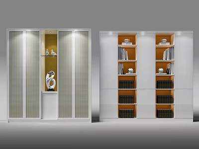 Modern Bookcase Design With Glass Doors Open Shelves Books Decorative Items And Lighting 3d model