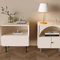 Modern White Bedside Tables with Drawer Open Shelf Lamp Books and Plant Decor