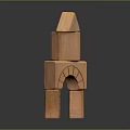 Wooden Building Blocks Stacked Into Tower With Roof Like Triangle And Arch Shapes