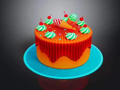 Orange Cake With Red Icing Green White Candy Balls Cherries And Ice Cream Decoration 3d model
