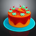 Orange Cake With Red Icing Green White Candy Balls Cherries And Ice Cream Decoration