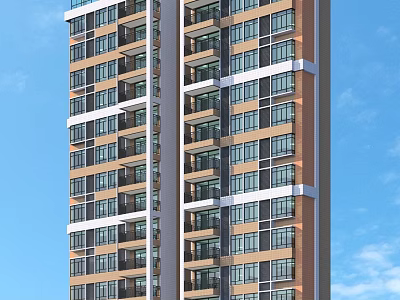 Modern High Rise Residential Building With Brown Exterior And Balconies Under Blue Sky 3d model