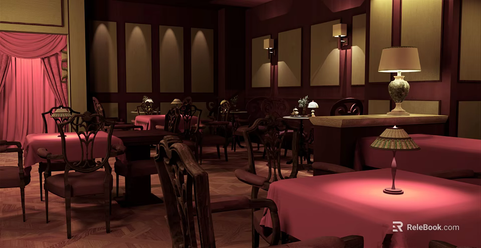 Warm Elegant Restaurant Interior With Dark Reddish Brown Walls Wall Lamps And Pink Tablecloths 3d model 
