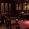 Warm Elegant Restaurant Interior With Dark Reddish Brown Walls Wall Lamps And Pink Tablecloths