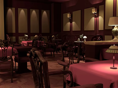 Warm Elegant Restaurant Interior With Dark Reddish Brown Walls Wall Lamps And Pink Tablecloths 3d model