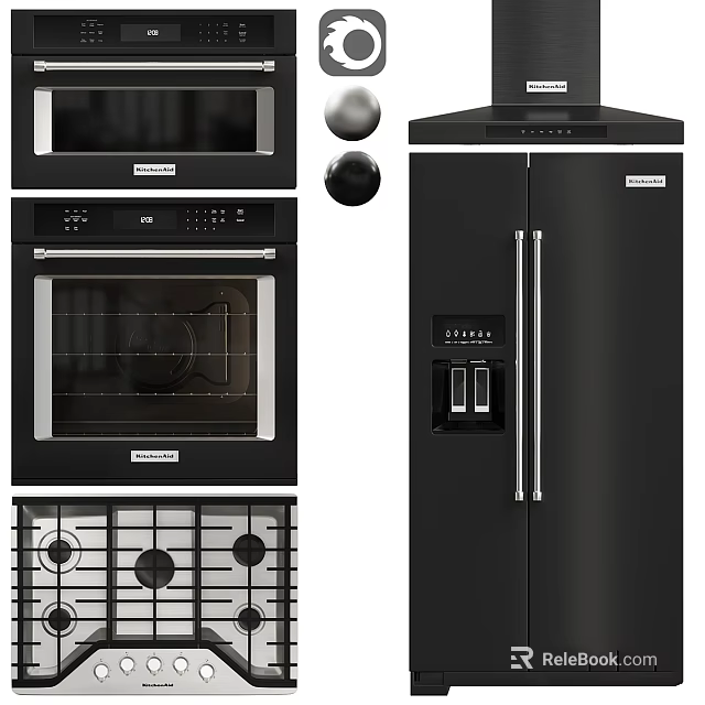 Modern Black Kitchen Appliances Including Microwave Oven Gas Stove Refrigerator And Range Hood 3d model 