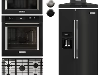 Modern Black Kitchen Appliances Including Microwave Oven Gas Stove Refrigerator And Range Hood 3d model