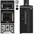Modern Black Kitchen Appliances Including Microwave Oven Gas Stove Refrigerator And Range Hood