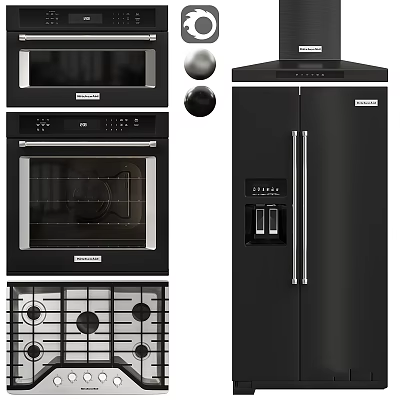 Modern Black Kitchen Appliances Including Microwave Oven Gas Stove Refrigerator And Range Hood 3d model