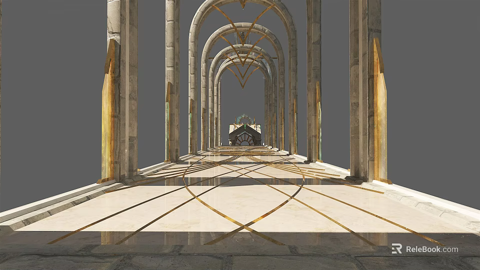 Cartoon Scene Of Arched Corridor With Golden Columns And Shiny Floor Design 3d model 