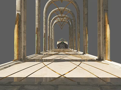 Cartoon Scene Of Arched Corridor With Golden Columns And Shiny Floor Design 3d model