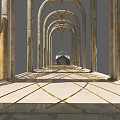 Cartoon Scene Of Arched Corridor With Golden Columns And Shiny Floor Design