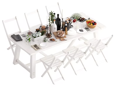 White Dining Table Set With Folding Chairs Food Utensils Wine Bottles And Fruits 3d model