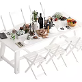 White Dining Table Set With Folding Chairs Food Utensils Wine Bottles And Fruits