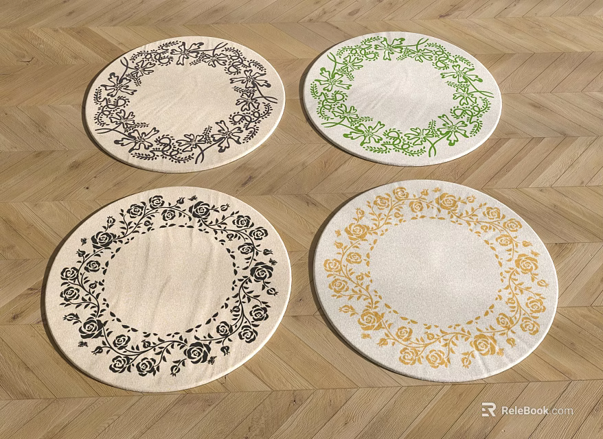 Round Area Rugs With Various Floral Patterns On Wooden Floor 3d model