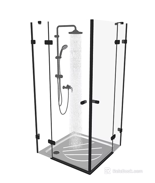 Contemporary Shower Sauna Enclosure Design With Glass Panels Black Frame And Dual Showerheads 3d model 