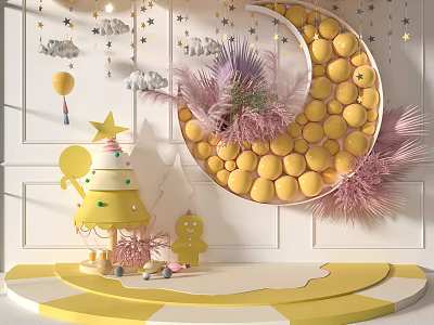 Inflatable Moon Decoration with Yellow Spheres Pink Decorations Stars Gingerbread Man and Platform 3d model