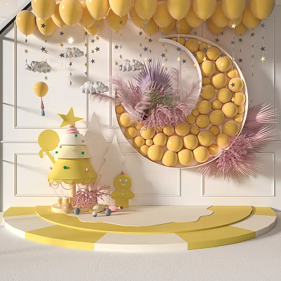 Inflatable Moon Decoration with Yellow Spheres Pink Decorations Stars Gingerbread Man and Platform 3d model