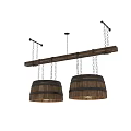 Rustic Wooden Barrel Chandeliers Hanging From Wooden Bar With Chains And Metal Brackets