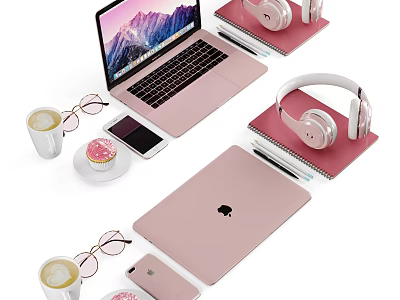 Stylish Pink Laptop And Tablet With Headphones Phone And Accessories 3d model