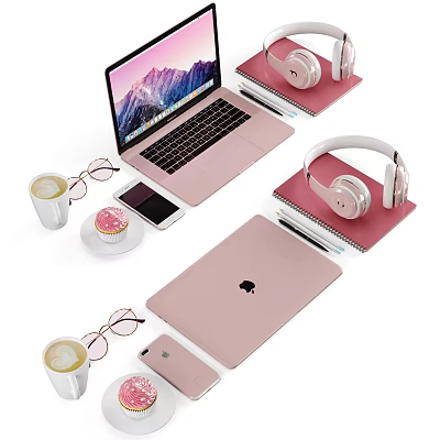 Stylish Pink Laptop And Tablet With Headphones Phone And Accessories 3d model