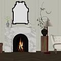 Marble Fireplace With Burning Fire Gold Framed Mirror Floor Lamp Accent Chair And Herringbone Floor