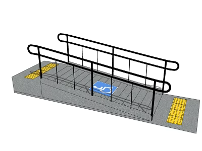 Metal Railing for Accessible Platform with Yellow Non Slip Mats and Blue Area 3d model