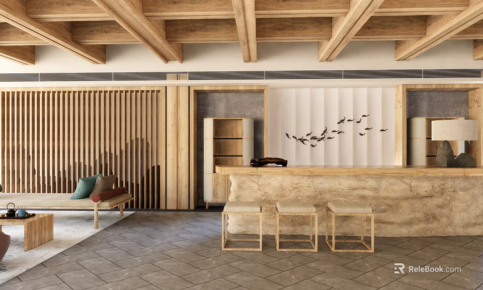 Hotel Lobby Featuring Wooden Ceiling Slat Wall Stone Reception Desk Bench And Bird Decorations 3d model 