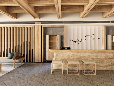 Hotel Lobby Featuring Wooden Ceiling Slat Wall Stone Reception Desk Bench And Bird Decorations 3d model