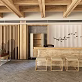 Hotel Lobby Featuring Wooden Ceiling Slat Wall Stone Reception Desk Bench And Bird Decorations