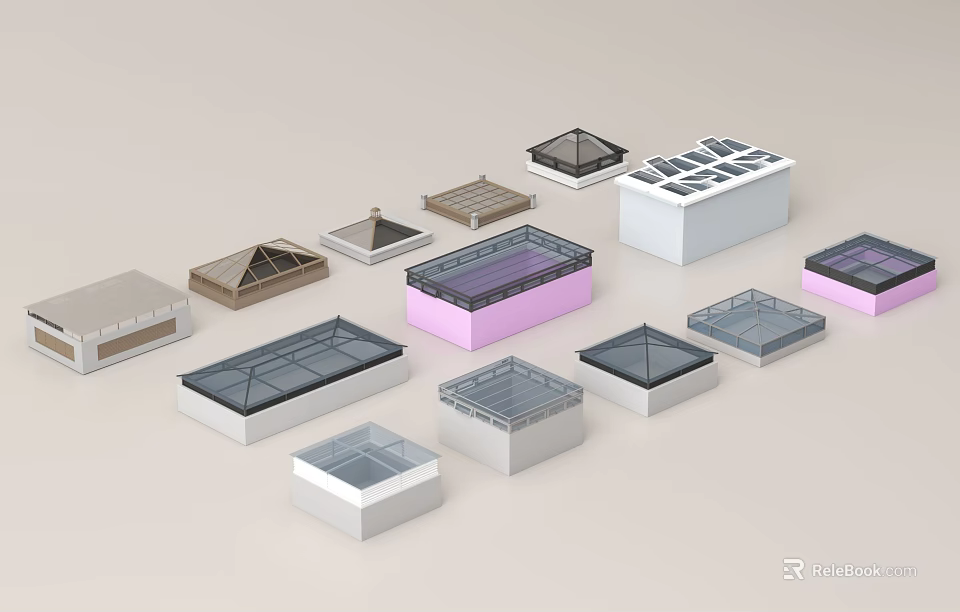 Modern Garden Landscape With Various Geometric Roof Structures And Glass Panels 3d model 