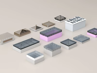 Modern Garden Landscape With Various Geometric Roof Structures And Glass Panels 3d model