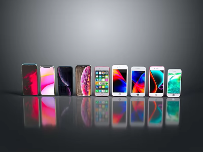 Lineup of Various Smartphone Models With Colorful Displays And Modern Designs 3d model