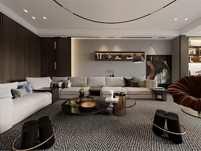 Modern Living and Dining Room Interior With White Sofa Coffee Table And Herringbone Rug 3d model