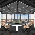 Modern Conference Room Interior With Round Table Large Windows And Geometric Lighting Fixtures