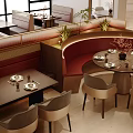 Elegant Restaurant Interior With Booth Seating Round Tables And Decorative Plants 3d model