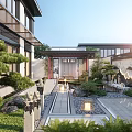 Traditional Chinese Courtyard Garden With Lush Greenery Stone Pathway Lanterns And Water Features
