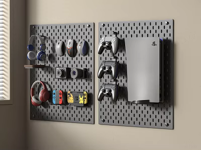 Wall Mounted Pegboard Organizing Game Accessories Headphones Controllers And PlayStation Console 3d model