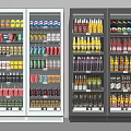 Double Door Refrigerators with Glass Doors Filled with Cans Bottles and Various Beverages
